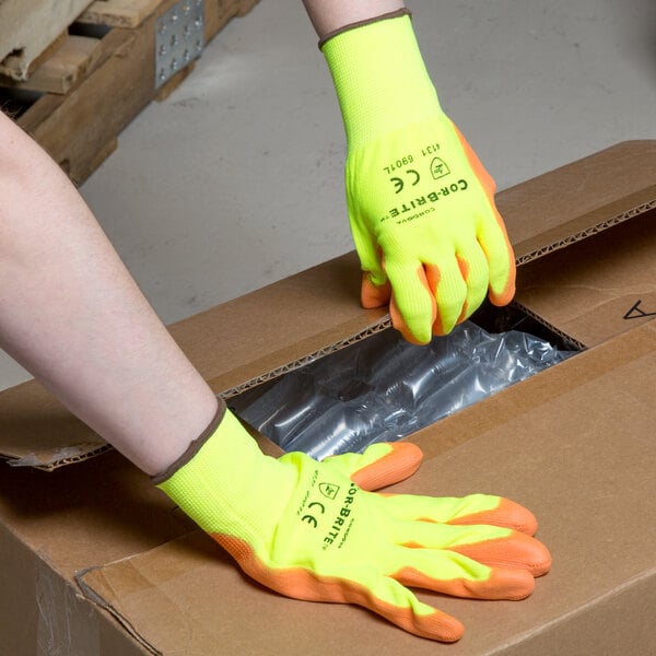 Cordova Cor-Brite Hi-Vis Yellow Polyester Gloves with Hi-Vis Orange Polyurethane Palm Coating - Extra Large - 12/Pack