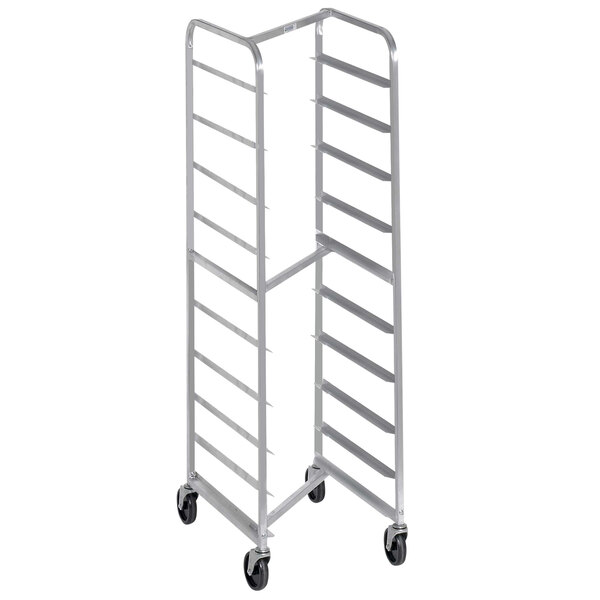 A stainless steel Channel sheet pan rack with black wheels.