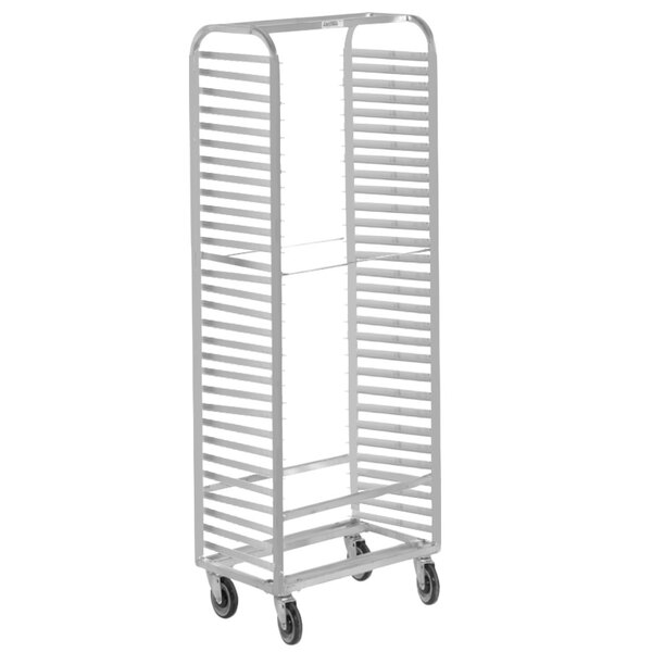 A Channel 410A aluminum sheet pan rack with wheels.