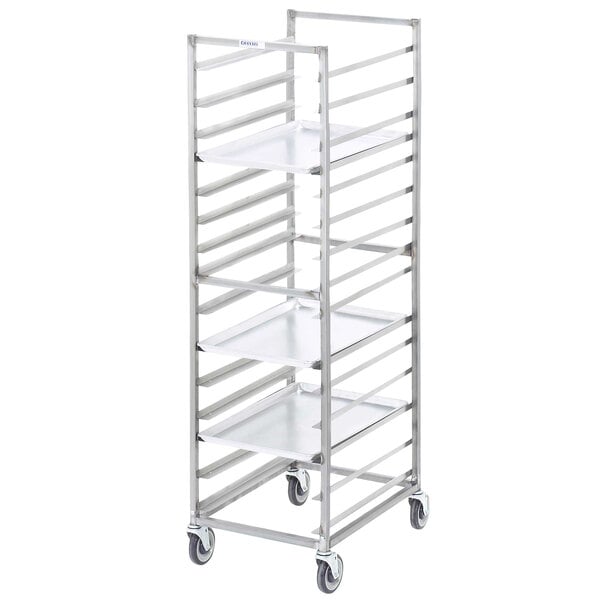A Channel stainless steel sheet pan rack with shelves on wheels holding a white tray.