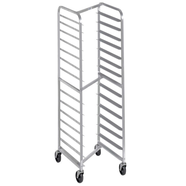 A Channel white metal sheet pan rack with wheels.