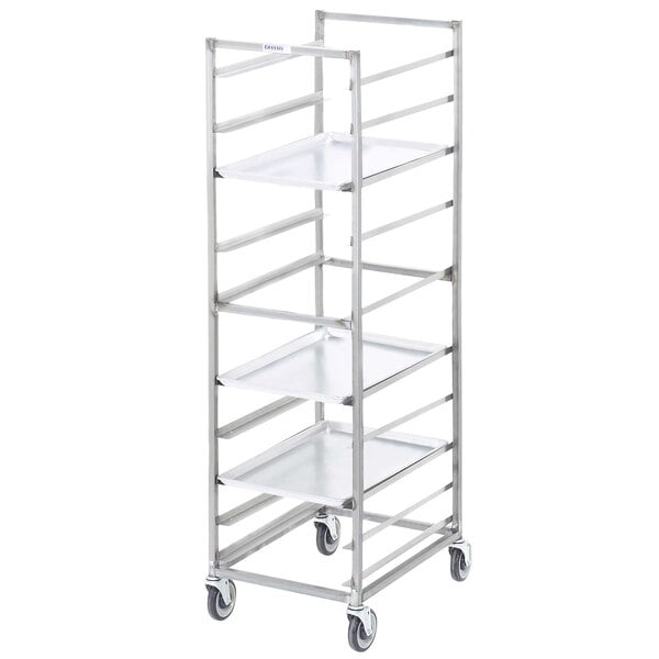 A metal Channel sheet pan rack with four shelves on wheels.