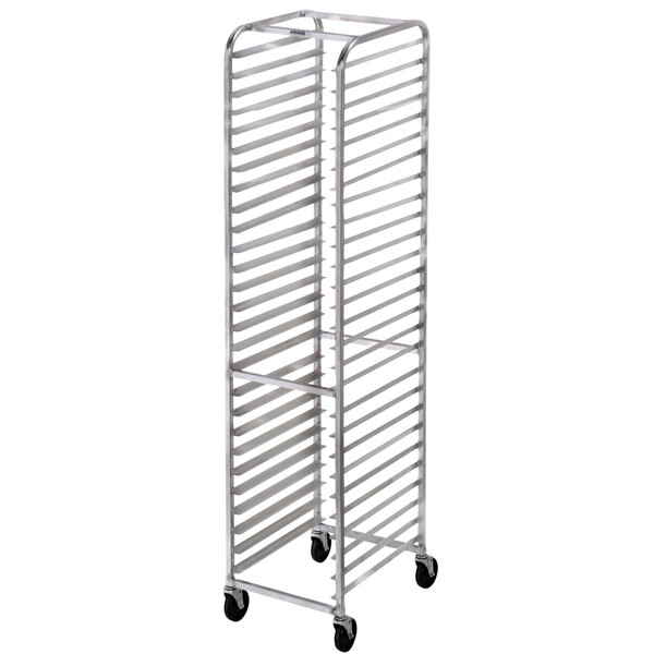 A Channel aluminum sheet pan rack with wheels.