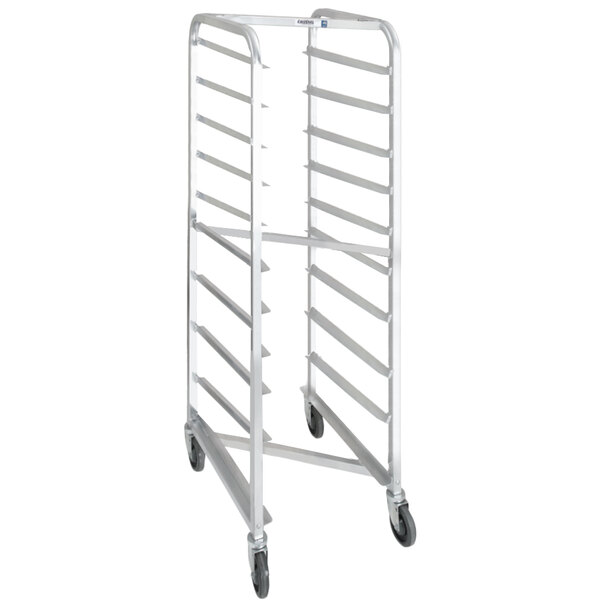 A white metal Channel sheet pan rack with wheels.