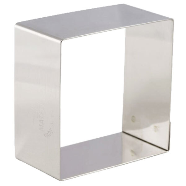 A stainless steel square cake ring.