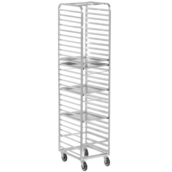 A Channel aluminum sheet pan rack with 4 shelves on wheels.