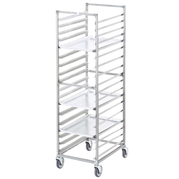 A stainless steel Channel sheet pan rack with 18 shelves on wheels.