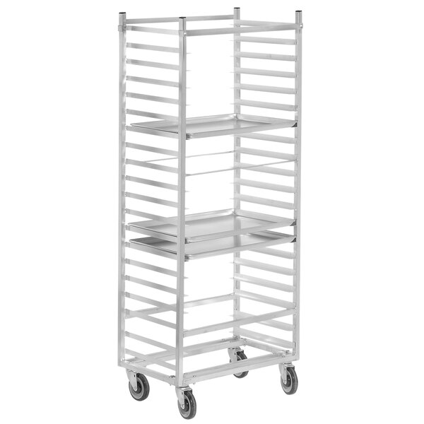 A white metal Channel side load sheet pan rack with four shelves on wheels.