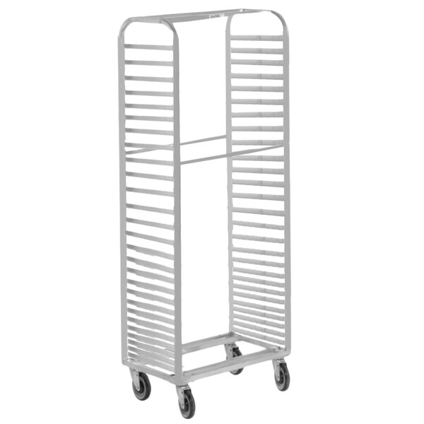A white metal Channel sheet pan rack with wheels.