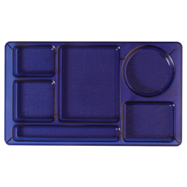 A translucent blue rectangular tray with six compartments.