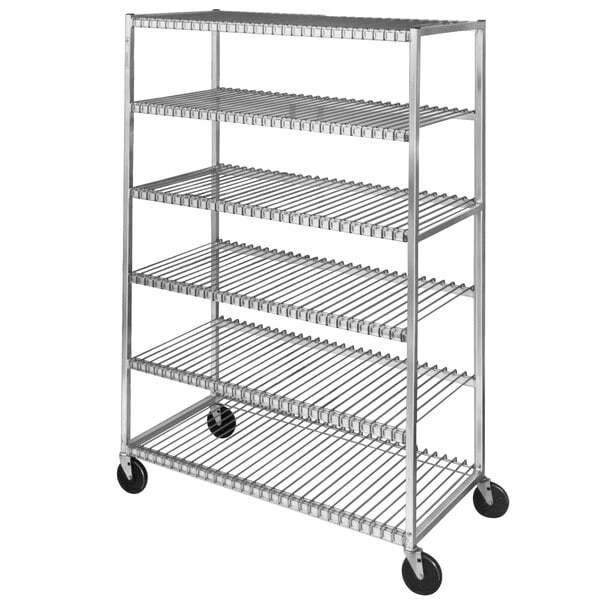 A Channel 569 aluminum cooling rack with 6 shelves and wheels.