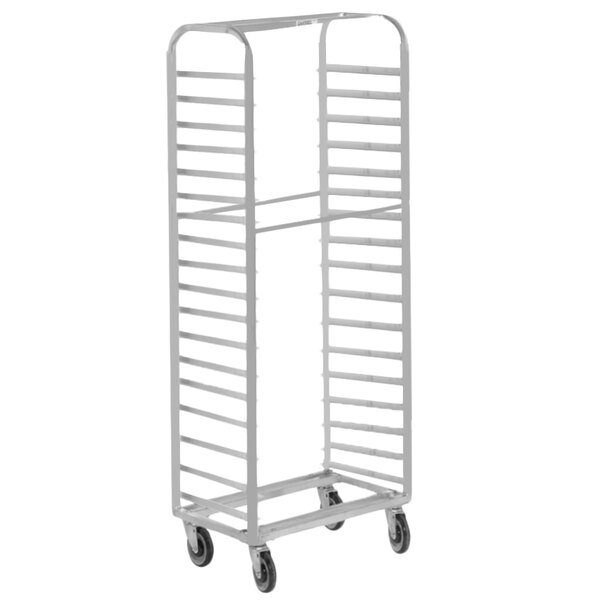 A Channel aluminum sheet pan rack with wheels.