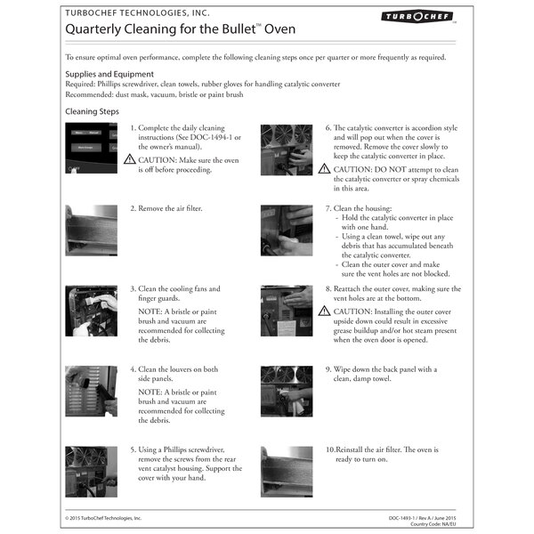 A poster with instructions for cleaning a TurboChef bullet oven.
