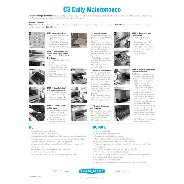 A poster with instructions for daily maintenance of a TurboChef C3 oven.