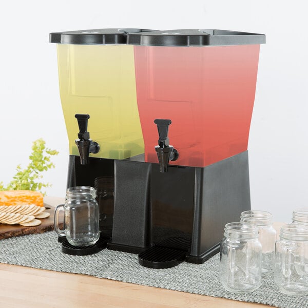 A Choice Double Beverage Dispenser with two drinks in glasses.