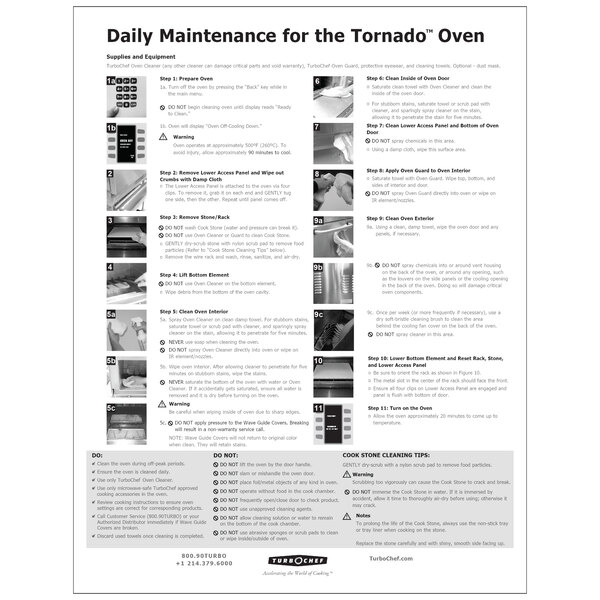 A poster with instructions for daily maintenance of a TurboChef Tornado oven.