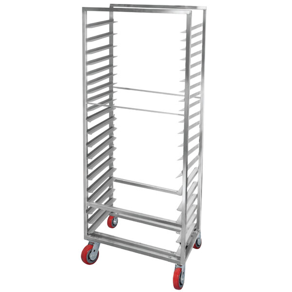 A Channel heavy-duty aluminum sheet pan rack with red shelves and wheels.