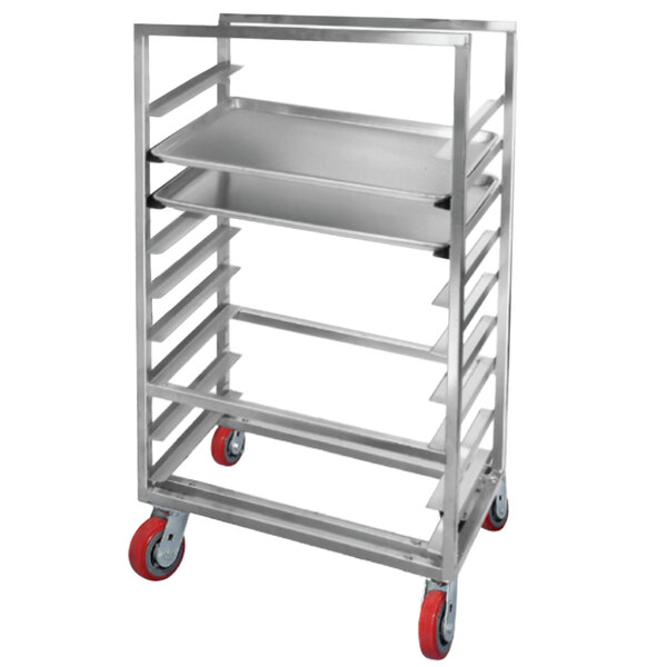 A Channel heavy-duty aluminum sheet pan rack with wheels.