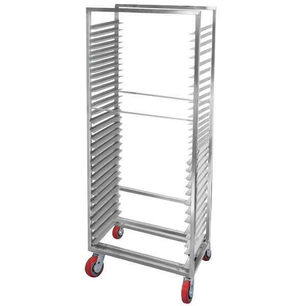 A Channel heavy-duty aluminum sheet pan rack with red wheels.