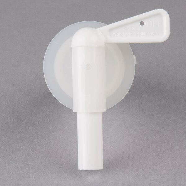 A white plastic vented dispensing container with a plastic valve and a handle.