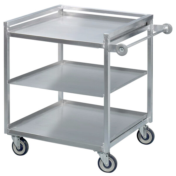 A metal Channel utility cart with three shelves and wheels.