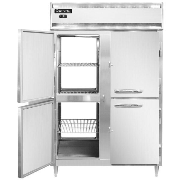 A Continental pass-through freezer with two half doors open.