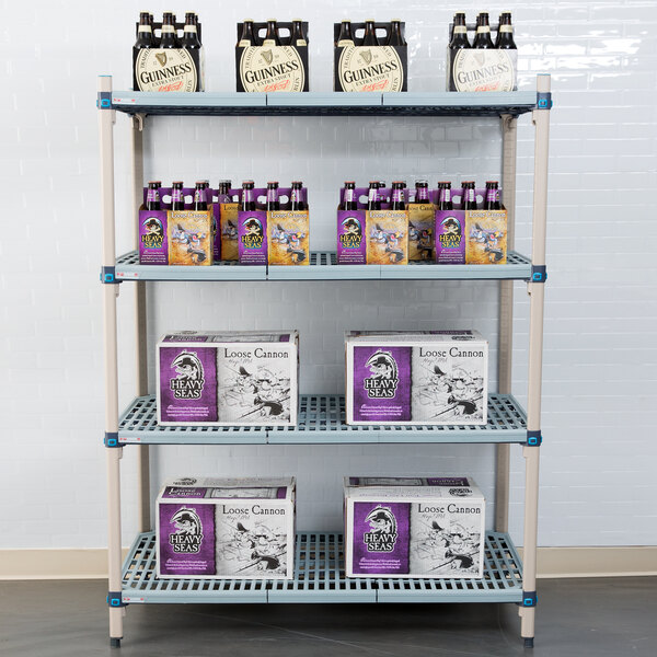 MetroMax Q shelving unit with boxes and beer bottles on the shelves.