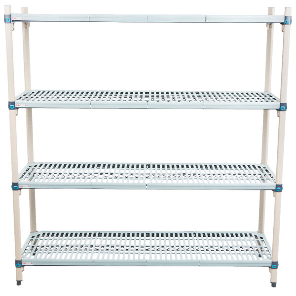 A white MetroMax Q shelving unit with metal shelves and blue handles.