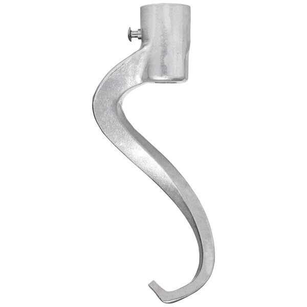 A curved silver metal Hobart dough hook.