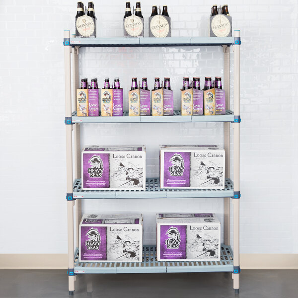 A MetroMax Q shelving unit with boxes and bottles on the shelves.
