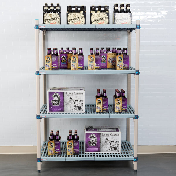 A MetroMax Q shelving unit with boxes and bottles of beer on it.