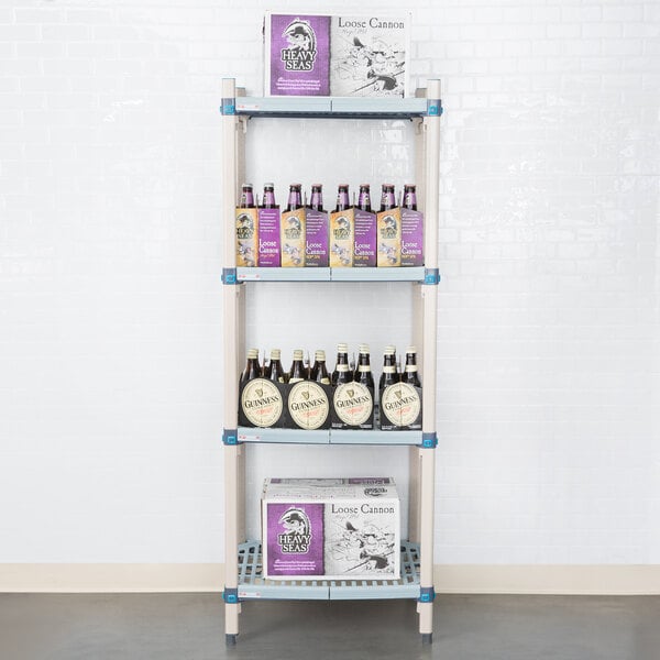 A MetroMax Q shelving unit with bottles and boxes on it.