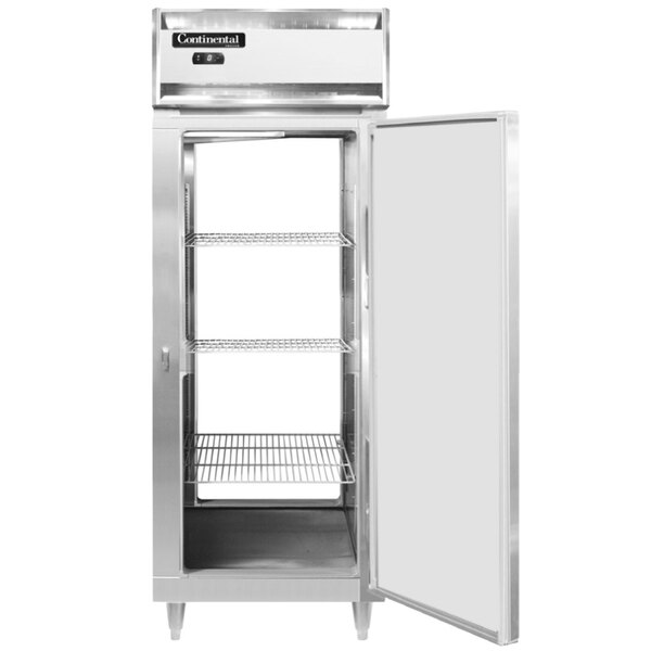 A Continental extra-wide stainless steel pass-through freezer with open doors.