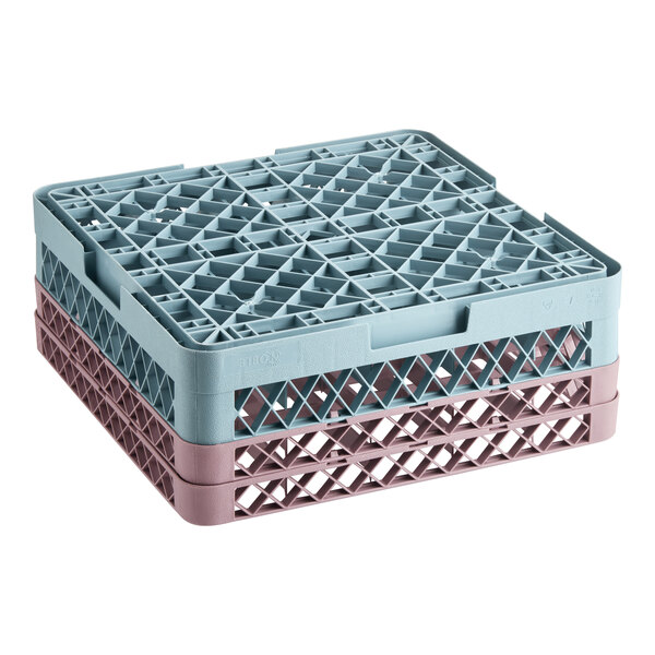 A Noble Warewashing 20-compartment gray full-size glass rack with two brown extenders.