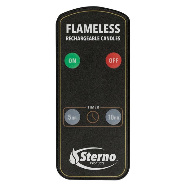 A black rectangular Sterno remote control with white buttons.