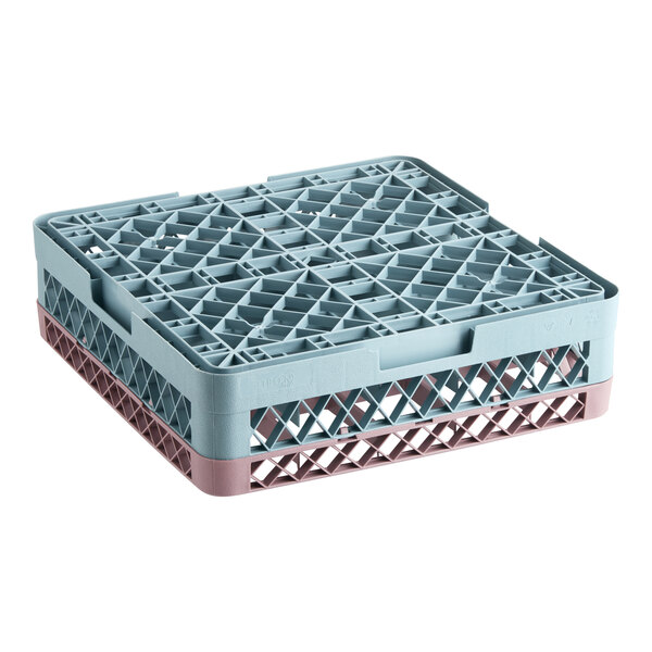 A gray full-size glass rack with 20 compartments and a brown extender, designed for warewashing.