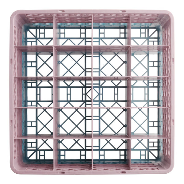 A full-size gray glass rack with 20 compartments and three brown extenders for warewashing.