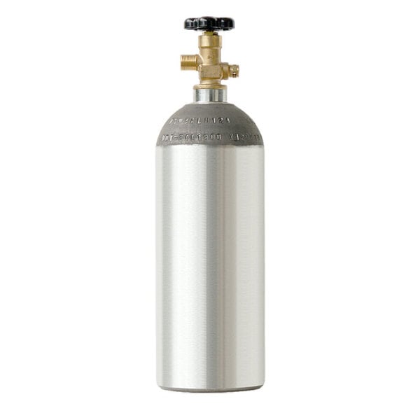 A silver Micro Matic aluminum CO2 cylinder with a black knob.