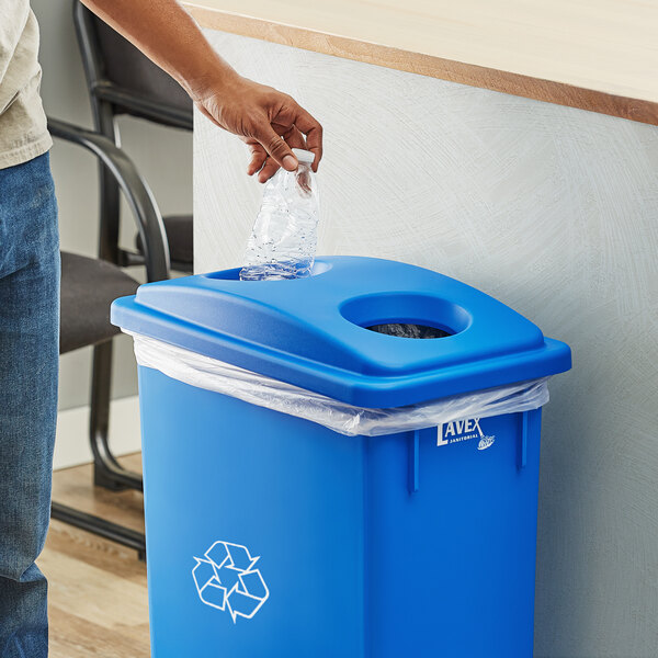 Lavex Janitorial Blue Slim Rectangular Recycling Trash Can Bottle / Can Lid