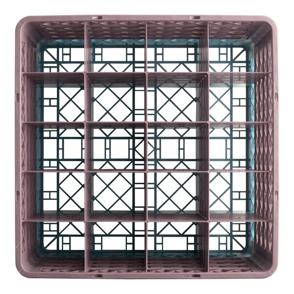 A gray full-size glass rack with 20 compartments and four brown extenders.