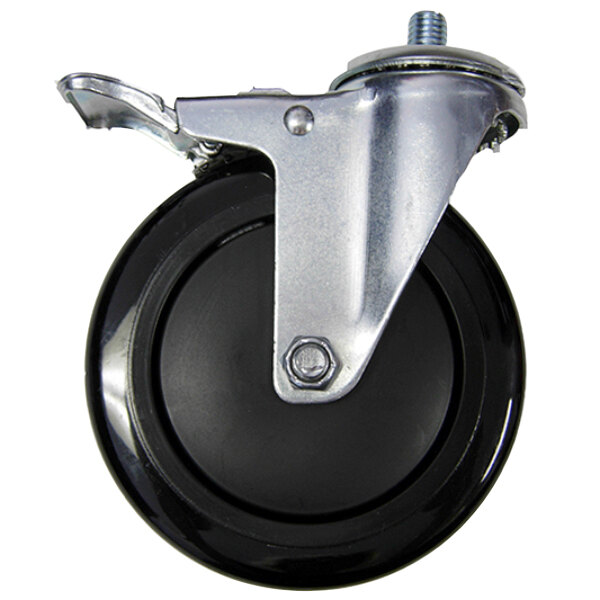 A black Crown Verity swivel caster with a metal plate and silver wheel.