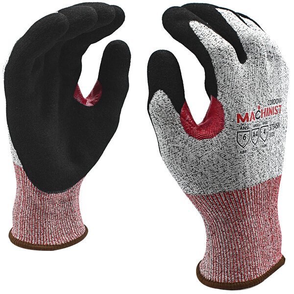A pair of Cordova Machinist Cut Resistant Gloves with black and red trim.