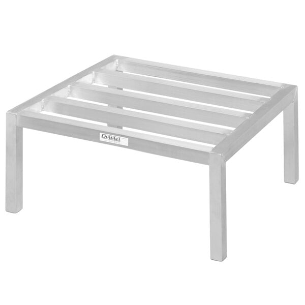 A silver metal Channel aluminum dunnage rack with legs.