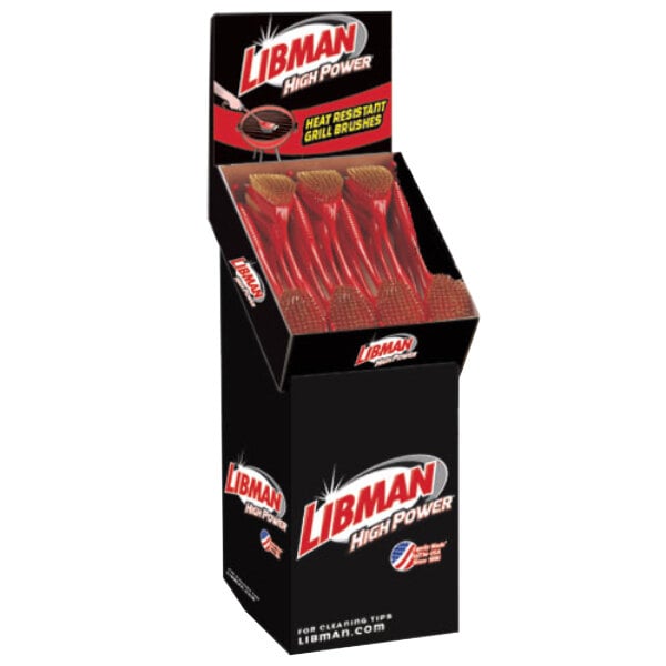 A Crown Verity point of purchase display with 24 Libman BBQ brushes on a counter.