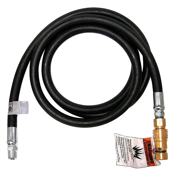A black Crown Verity natural gas hose with gold and silver connectors.