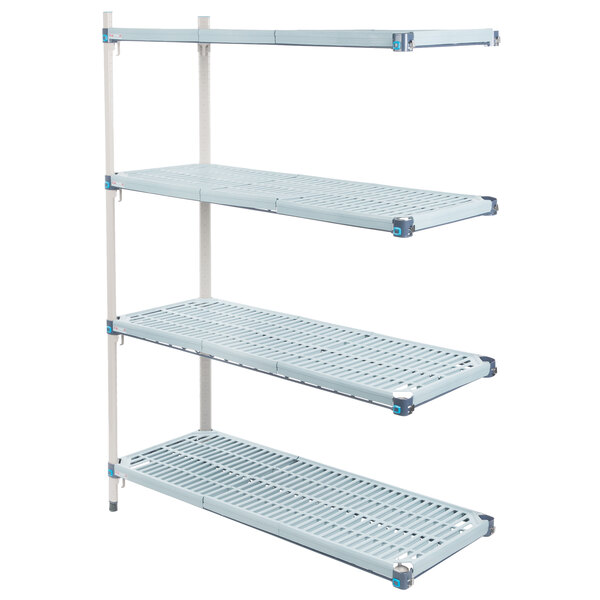 A white metal MetroMax Q add on shelving unit with three shelves.