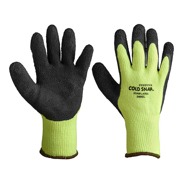Cordova Cold Snap Hi-Vis Green Loop-In Terry Gloves with Black Foam Latex Palm Coating - Vendpacked - Large