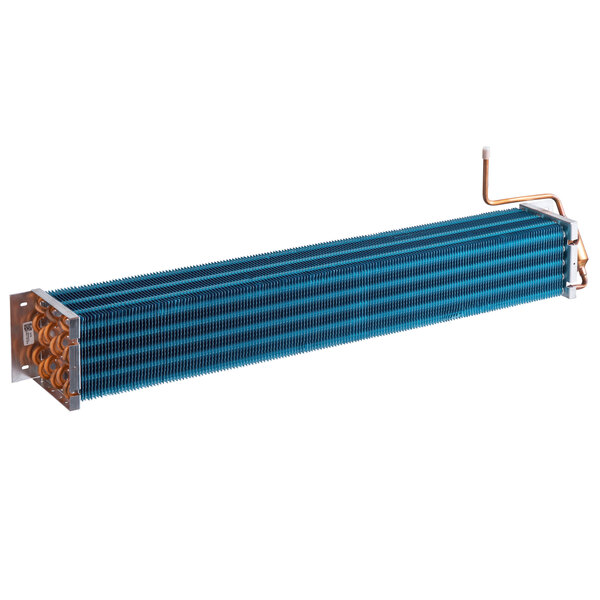 A close-up of a blue and black rectangular Avantco evaporator coil.