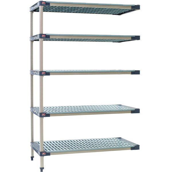 A MetroMax 4 metal shelving unit with four shelves.
