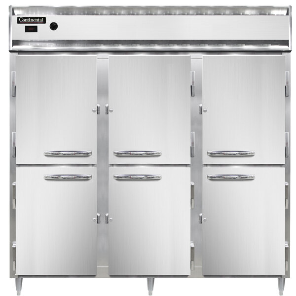 A white Continental holding cabinet with three stainless steel half solid doors and silver handles.